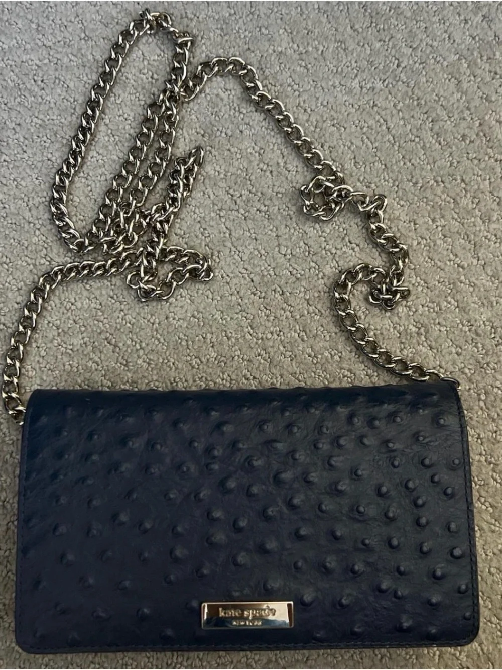 kate spade navy textured crossbody with silver chain